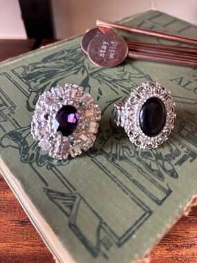 Silver-Tone Ring with Deep Purple Center Stone and black stone